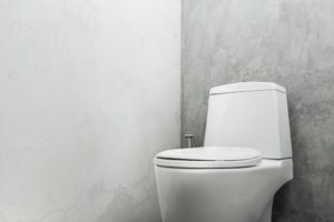 White toilet bowl concrete wall in bathroom